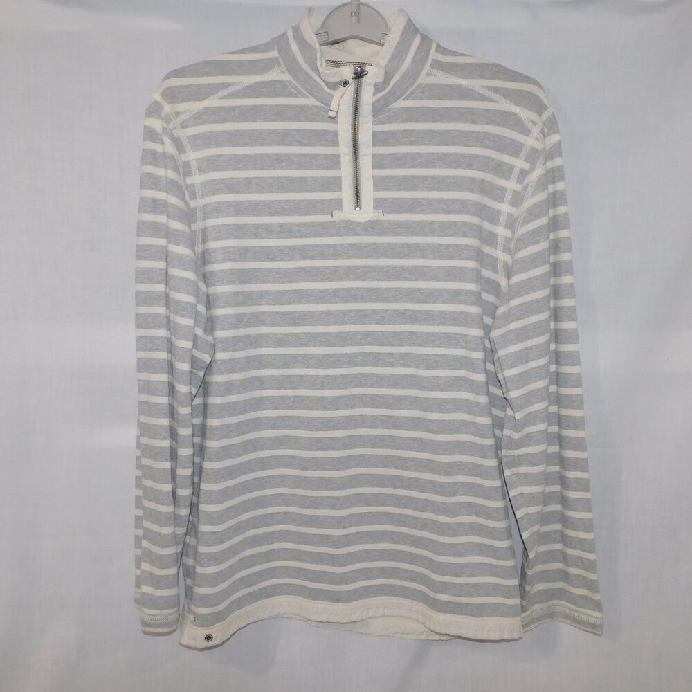Tommy Bahama Jeans Gray White Striped 1/4 Zip Long Sleeve Shirt Mens L